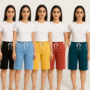 Pack of 5 Aero Deck Side Strip Jersey 3 Quarter Shorts For Her– Random Colors