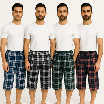 Pack of 4 Aero Deck Checkered Cotton 3 Quarter Shorts– Random Colors