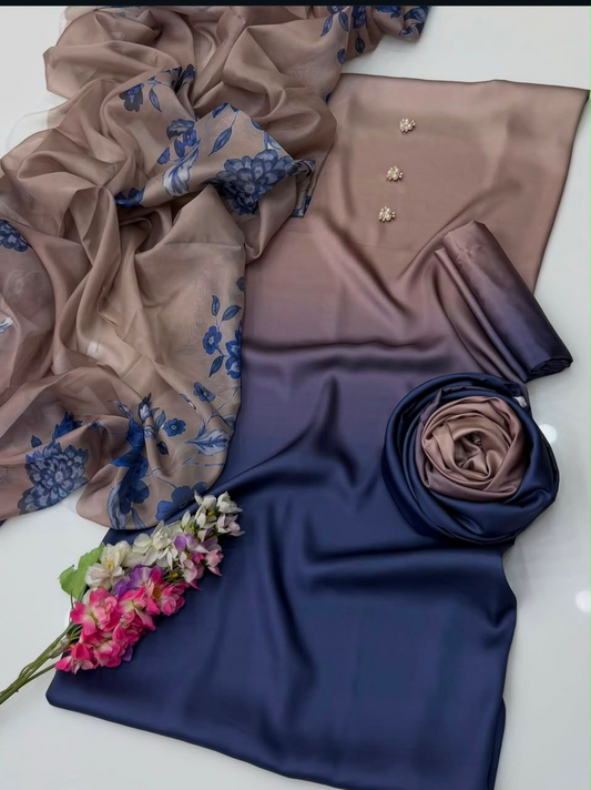 Hayoor multishaded digital printed silk shirt trouser and China silk dupatta fabric