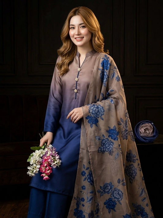Hayoor multishaded digital printed China silk unstitched three piece suit in navy and taupe