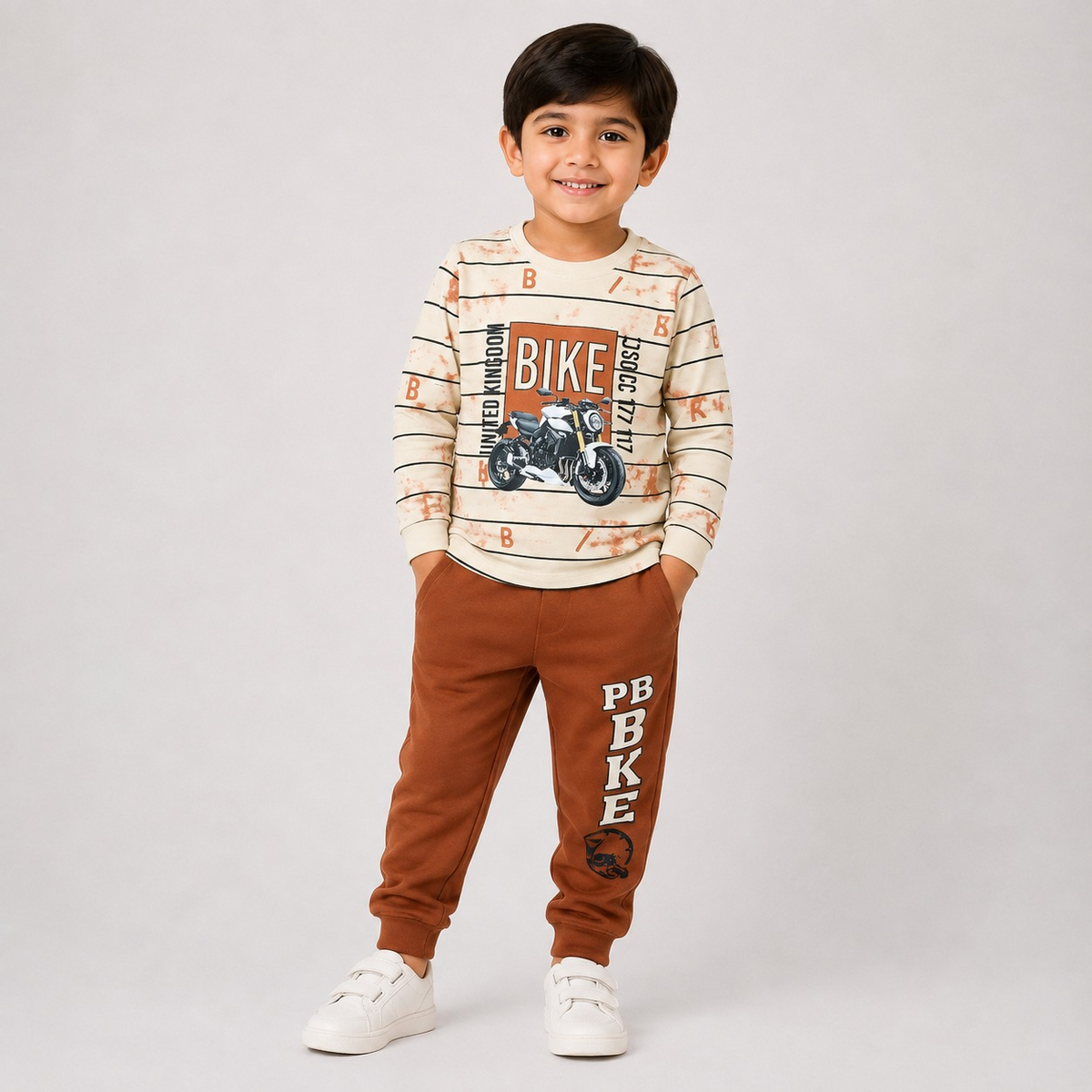Hayoor boys cream bike print sweatshirt with rust brown jogger pants