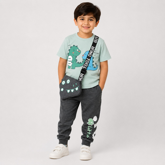 Hayoor boys' mint dinosaur graphic t-shirt with charcoal jogger trousers and crossbody bag