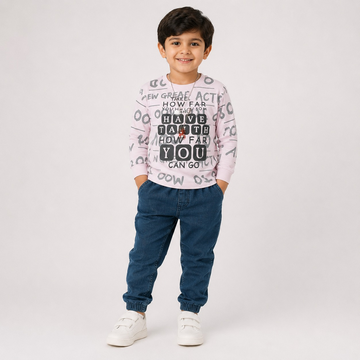 Hayoor boys' light pink graphic sweatshirt with blue denim jogger trousers