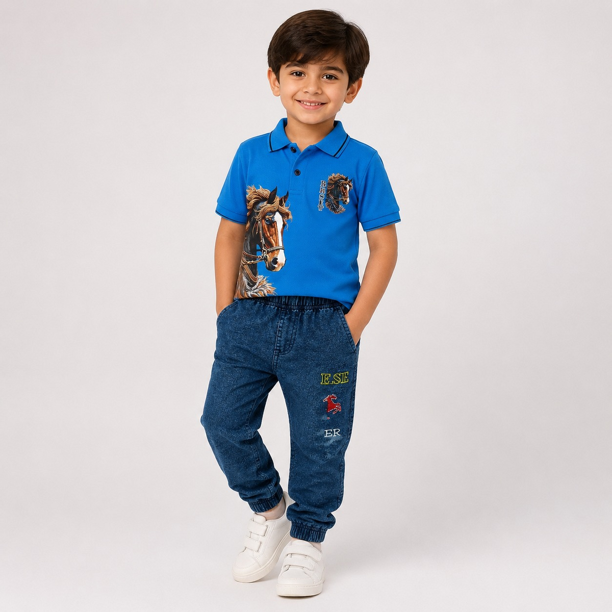 Hayoor boys' royal blue horse graphic polo shirt with dark blue jogger trousers