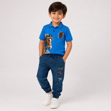 Hayoor boys' royal blue horse graphic polo shirt with dark blue jogger trousers