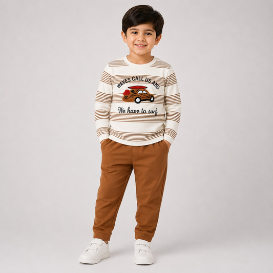 Hayoor boys' cream and brown striped sweatshirt with matching brown joggers