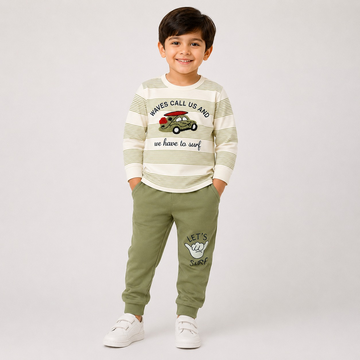 Hayoor boys' striped sweatshirt and olive jogger set with racing car graphic