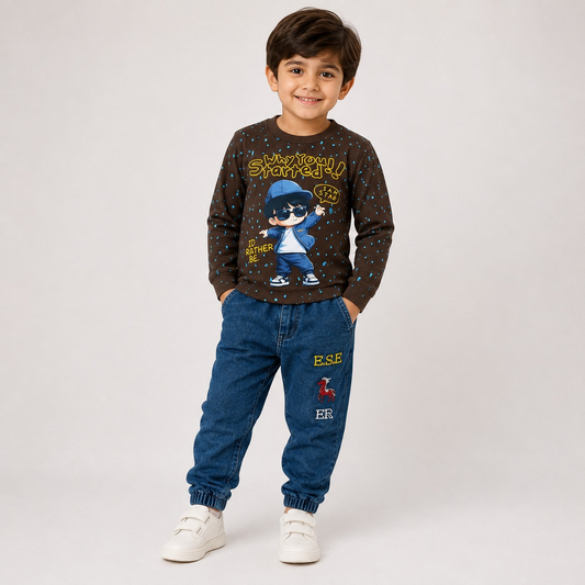 Hayoor boys' brown graphic sweatshirt with blue denim jogger trousers