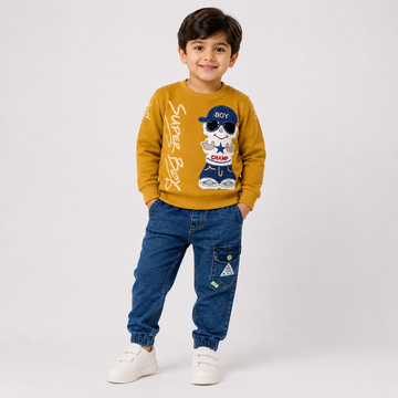 Hayoor boys' mustard Super Boy graphic sweatshirt with blue denim cargo jogger trousers