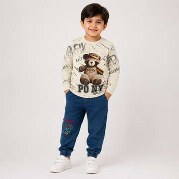 Hayoor boys' cream teddy bear graphic sweatshirt with blue jogger trousers