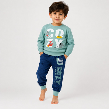 Hayoor boys' teal ABC animal graphic sweatshirt with navy jogger trousers