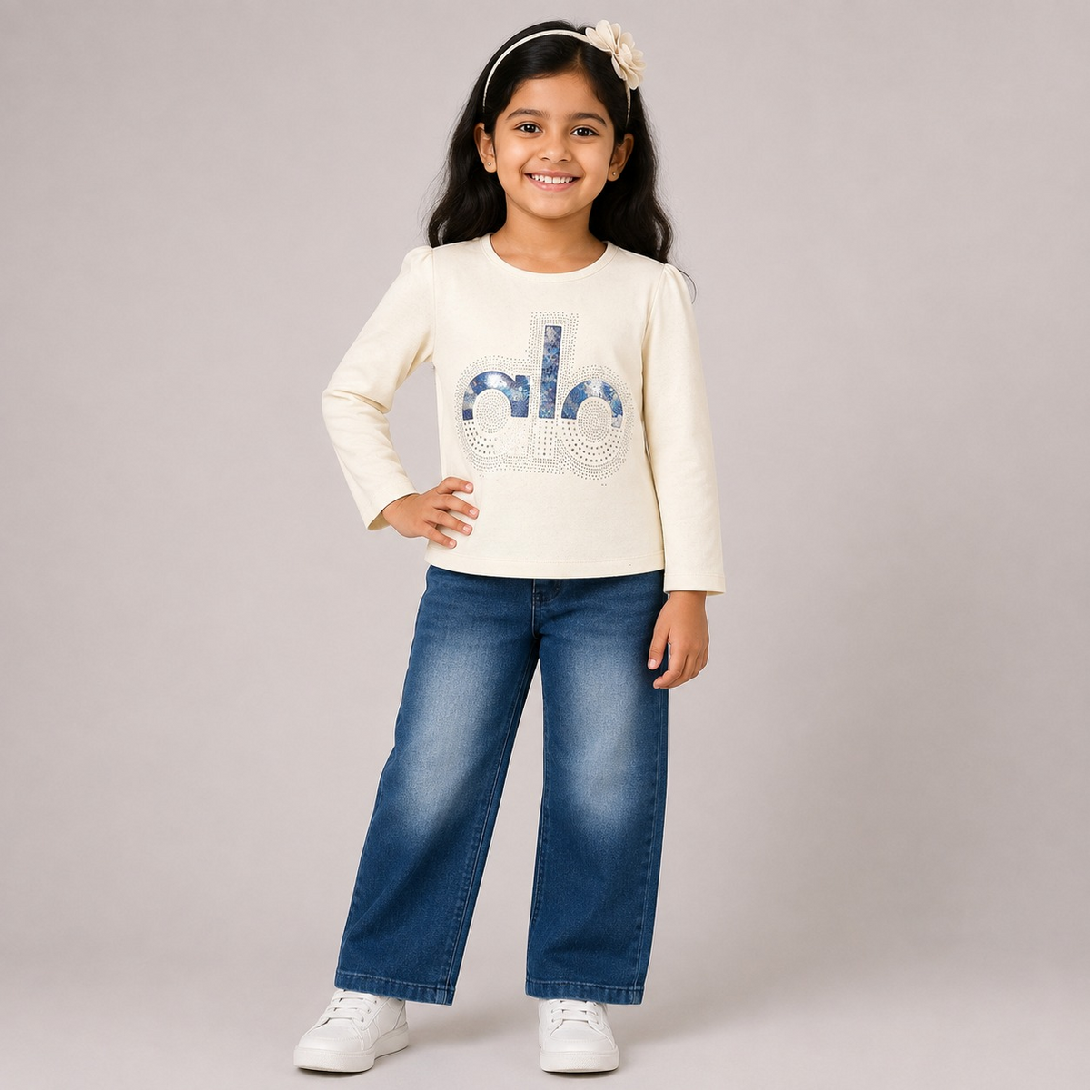 Hayoor girls cream embellished long sleeve top with blue wide-leg jeans