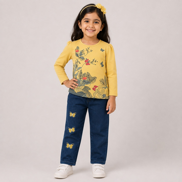 Hayoor girls' mustard floral printed top with butterfly denim trousers