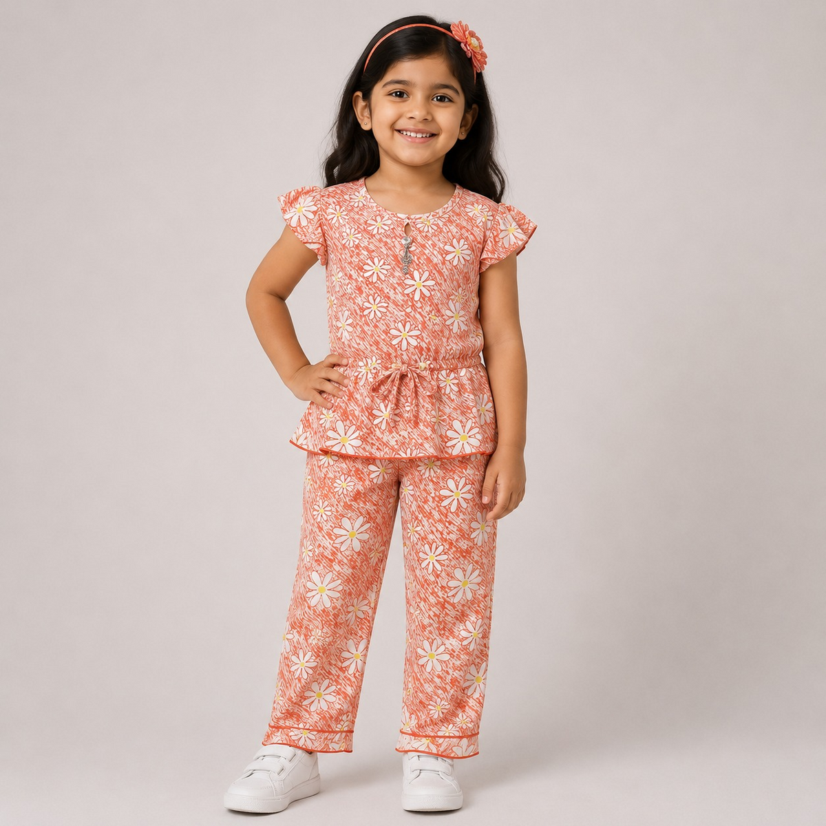 Hayoor girls' floral printed two-piece pajama set in peach