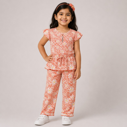 Hayoor girls' floral printed two-piece pajama set in peach