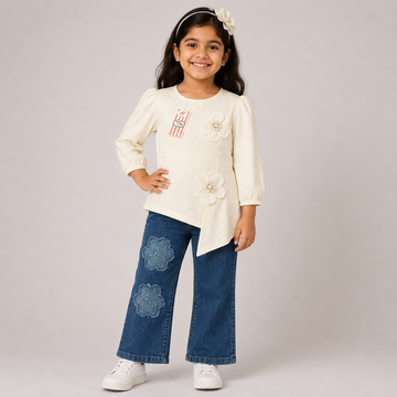 Hayoor girls' ivory floral appliqué tunic with wide-leg blue denim jeans