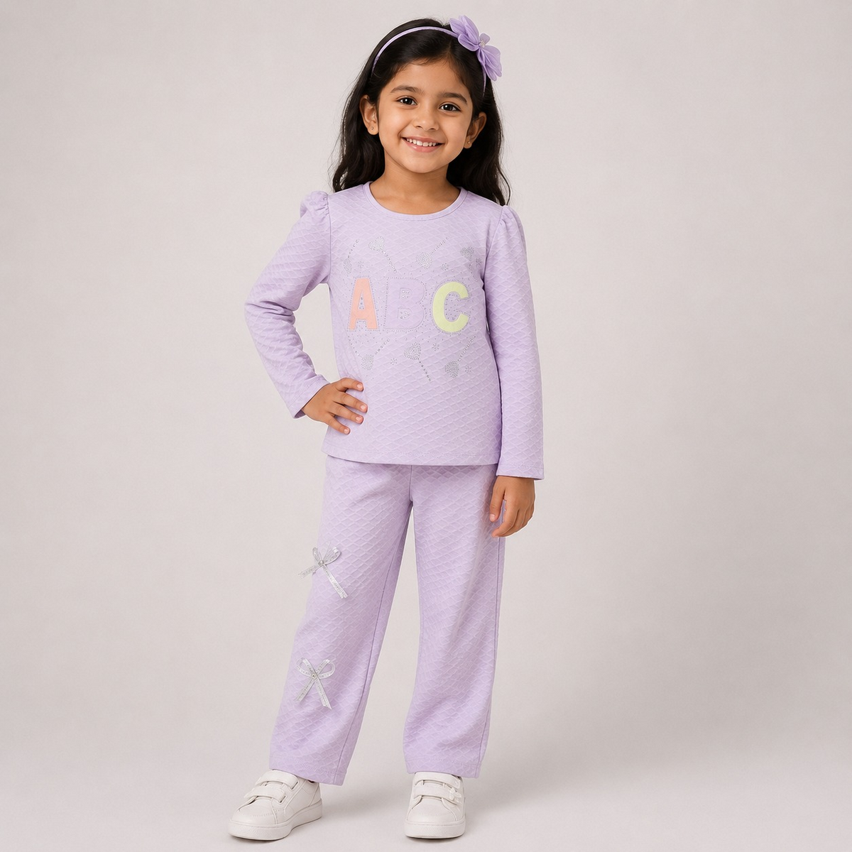 Hayoor girls' lilac quilted ABC 2-piece top and trouser set
