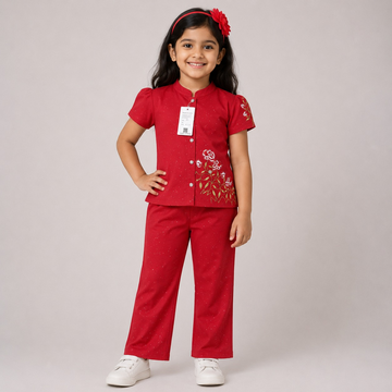 Hayoor girls' red embroidered 2-piece ethnic set with trousers