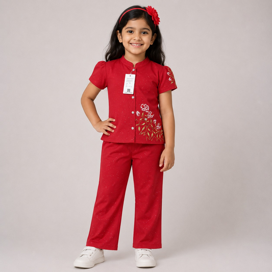 Hayoor girls' red embroidered 2-piece ethnic set with trousers